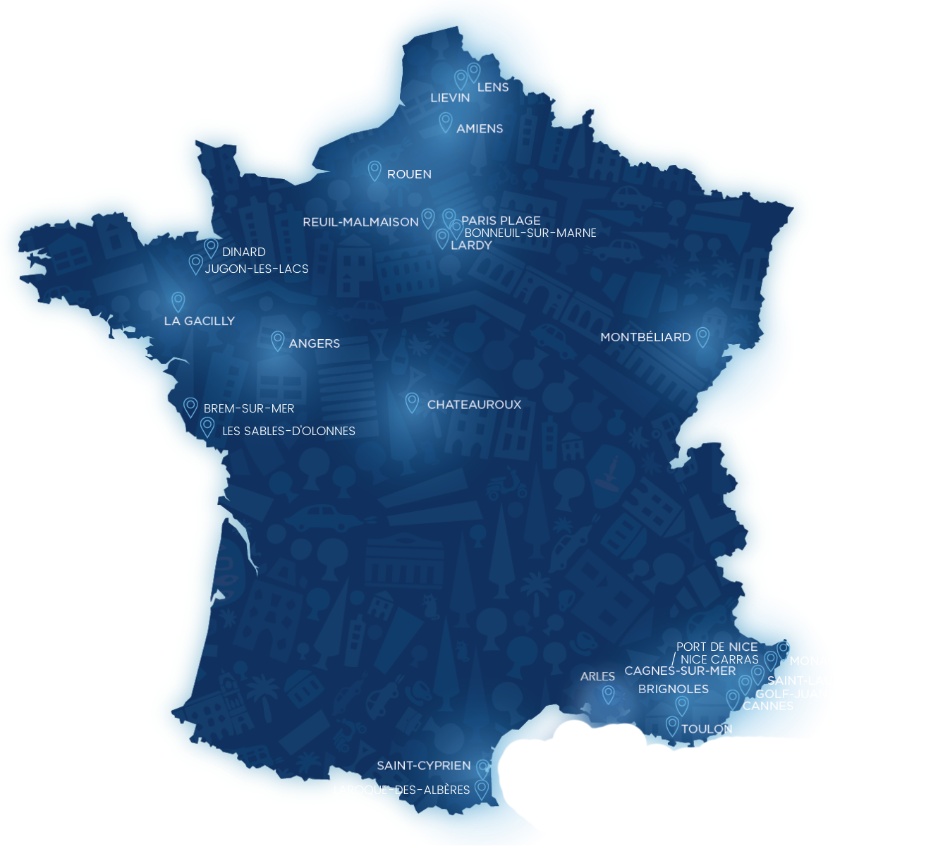 Carte de France des Fontaines à eau et Ilots de Fraîcheurs implantés par Fontaineo, actualisée en Juillet 2020